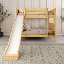 Wooden bunk bed with slide and ladder in a modern kids' bedroom.