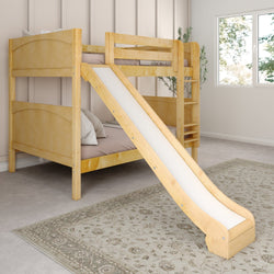 Wooden bunk bed with slide in a cozy, light-filled bedroom.