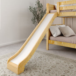 Wooden bunk bed with slide and cozy pillows in a stylish bedroom.