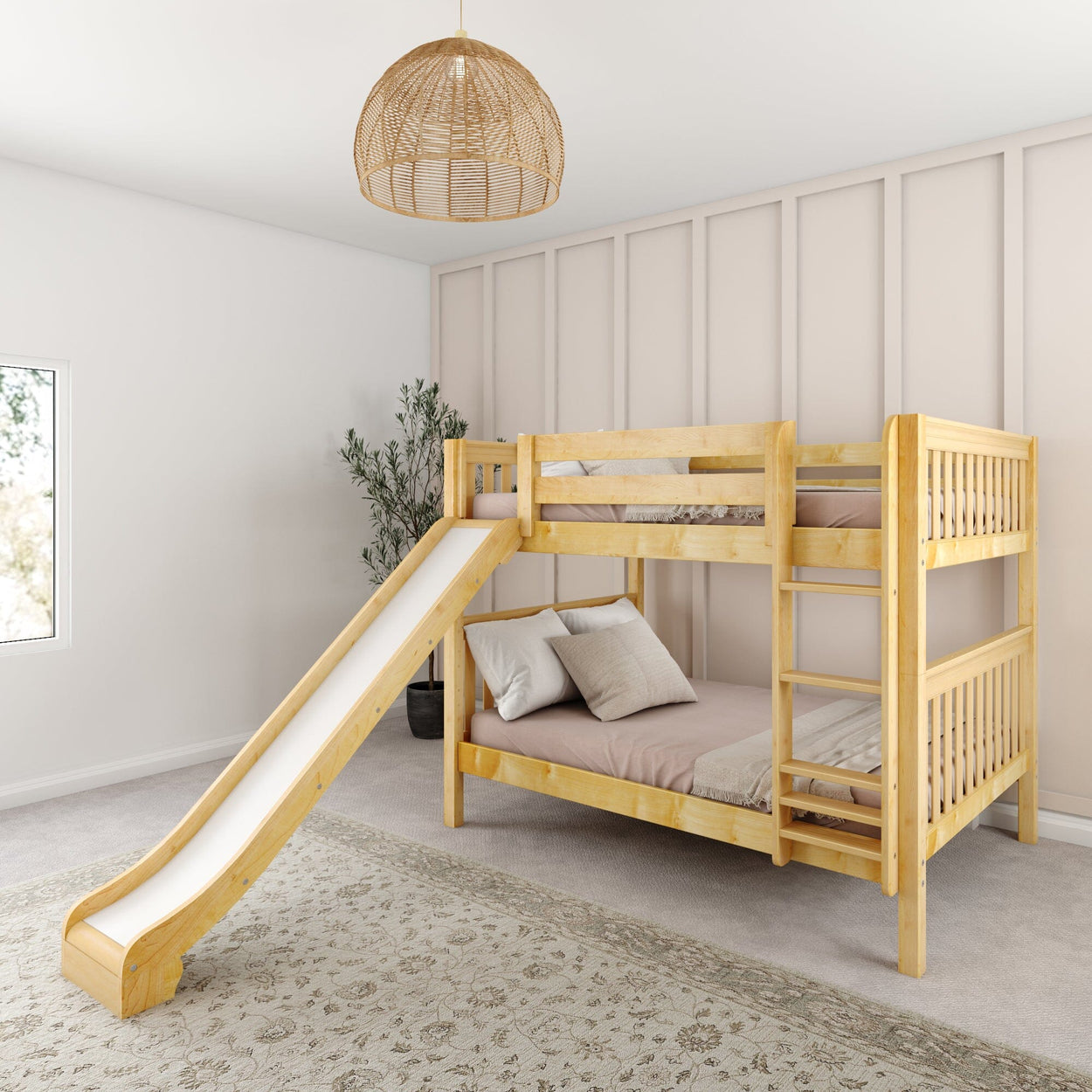 Bunk bed with slide in modern bedroom setting.