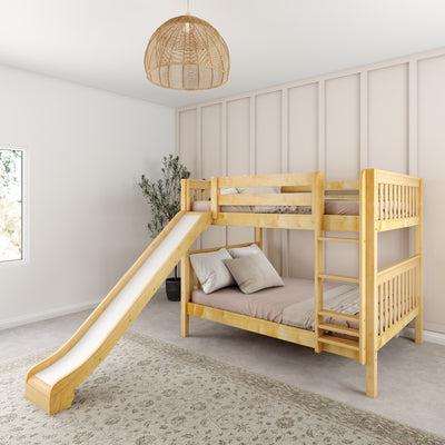 Wooden bunk bed with slide in modern kids' bedroom.