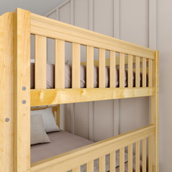Natural wood bunk bed with beige bedding in a modern bedroom.