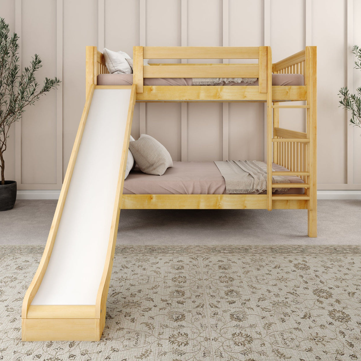 Children's wooden bunk bed with a slide in a cozy bedroom setting.