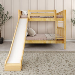 Children's wooden bunk bed with a slide in a cozy bedroom setting.