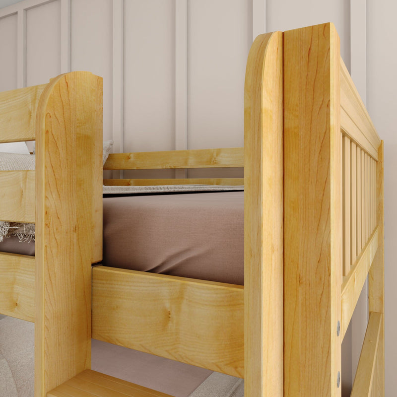 Natural solid wood bunk bed close-up showing slatted rails, ladder and beige mattress against a farmhouse-style paneled wall in a children's bedroom