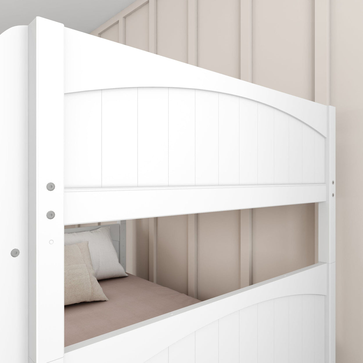 White wooden bunk bed design with natural pillow, ideal for modern minimalist bedrooms.