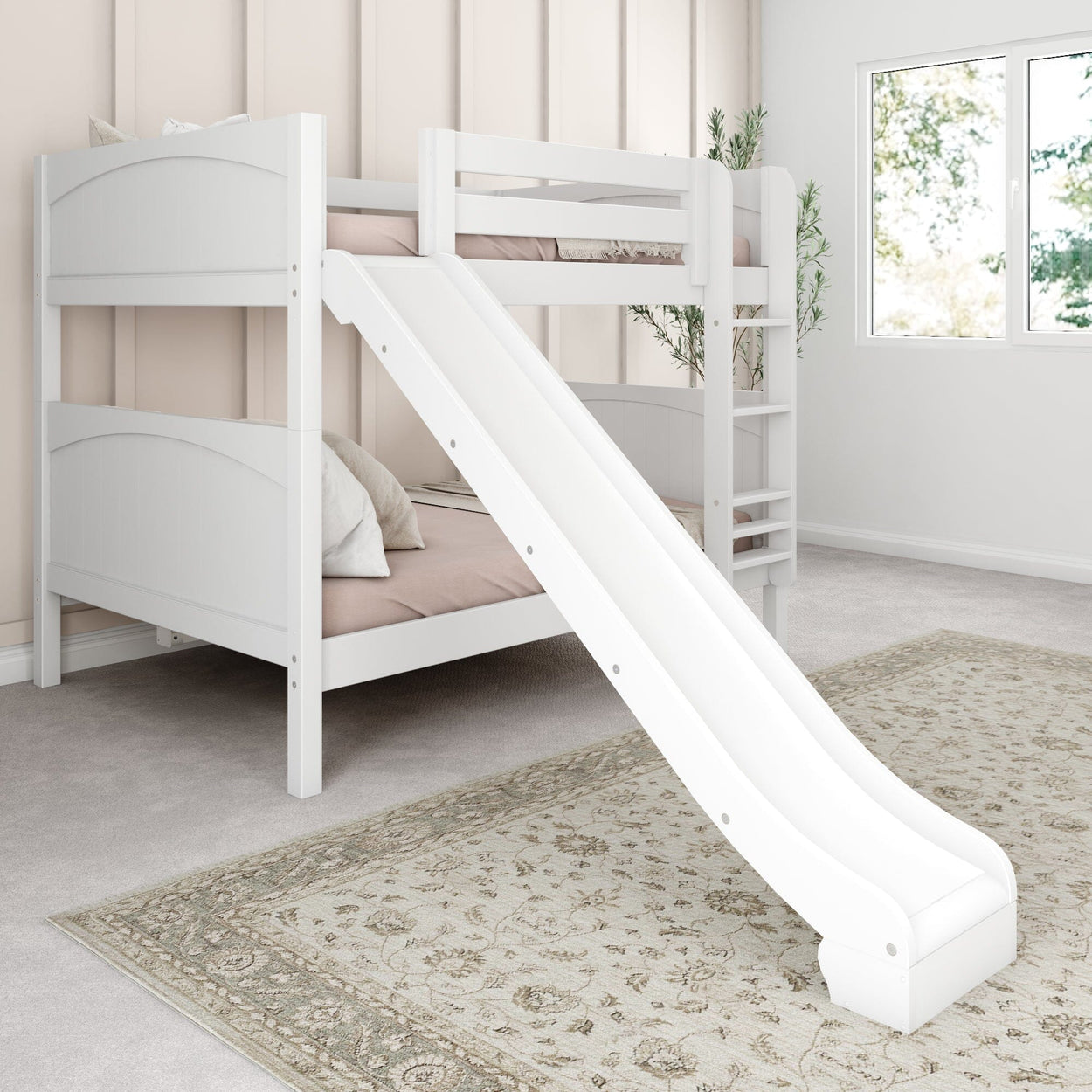 White wooden bunk bed with slide in modern kid's bedroom.