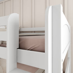 White wooden bunk bed with beige bedding in a modern bedroom setting.