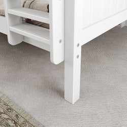 White wooden bunk bed ladder and frame on beige carpet.