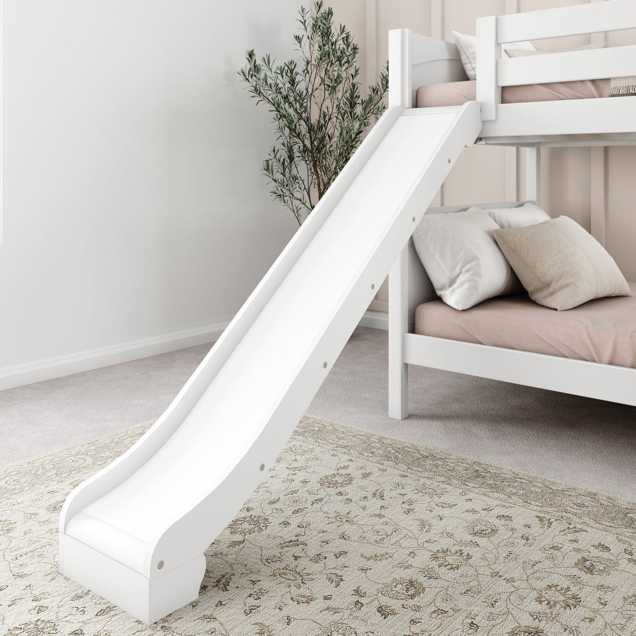 White children's bunk bed with slide in a cozy bedroom featuring beige pillows and an elegant rug.