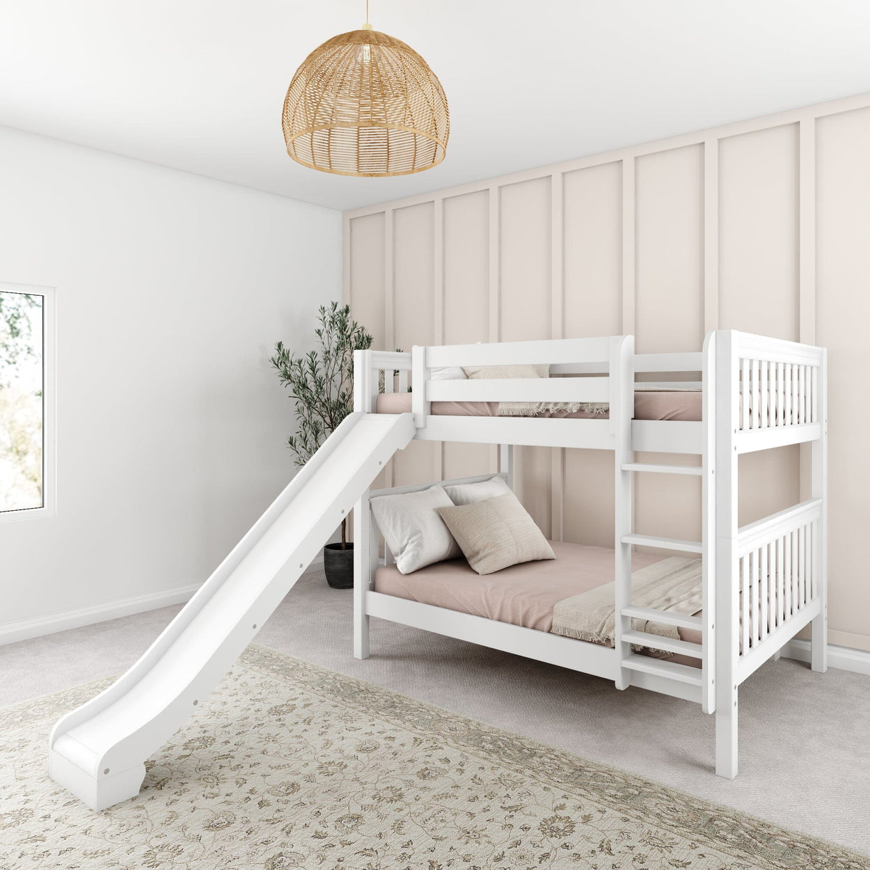 White bunk bed with slide in modern kids bedroom featuring neutral decor.