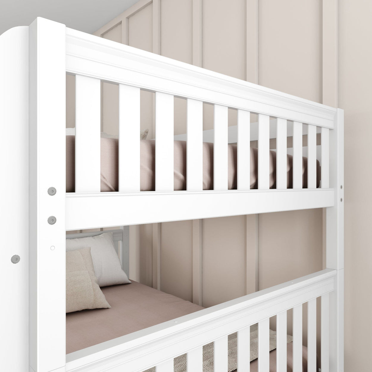White bunk bed with beige bedding in a modern minimalist bedroom.