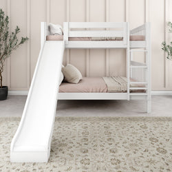 White children's bunk bed with slide in a cozy bedroom setting.
