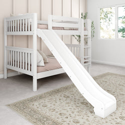 White wooden bunk bed with slide for kids in a bright bedroom.