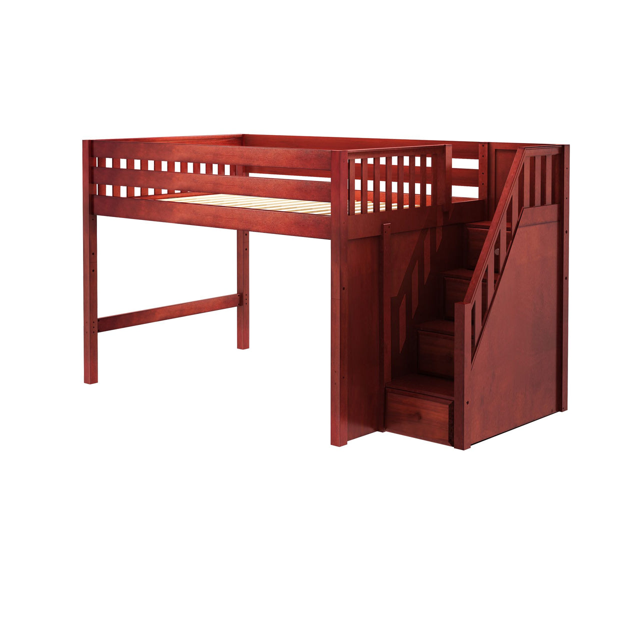 Red wooden loft bed with built-in stairs for small space living.