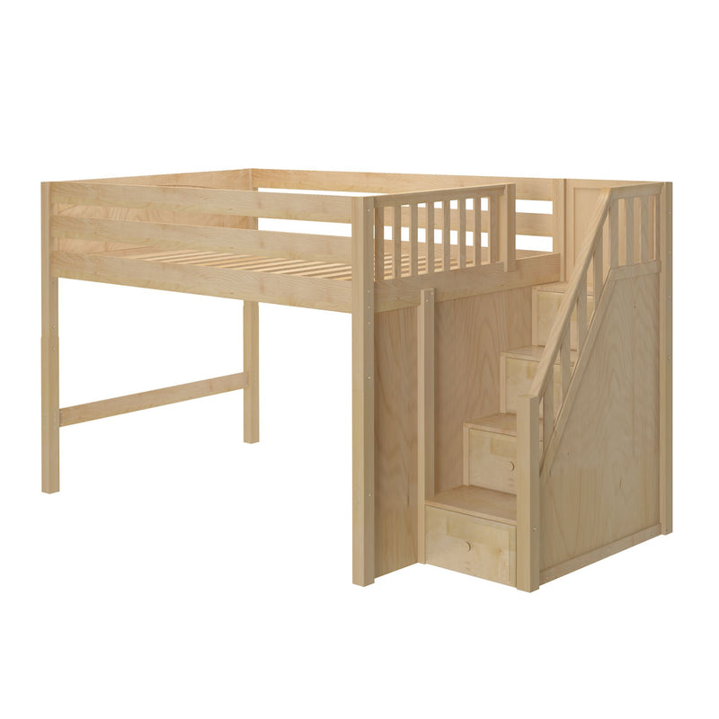 Wooden loft bed with built-in staircase and storage drawers in natural unfinished wood, raised platform with safety rails for a kids' bedroom