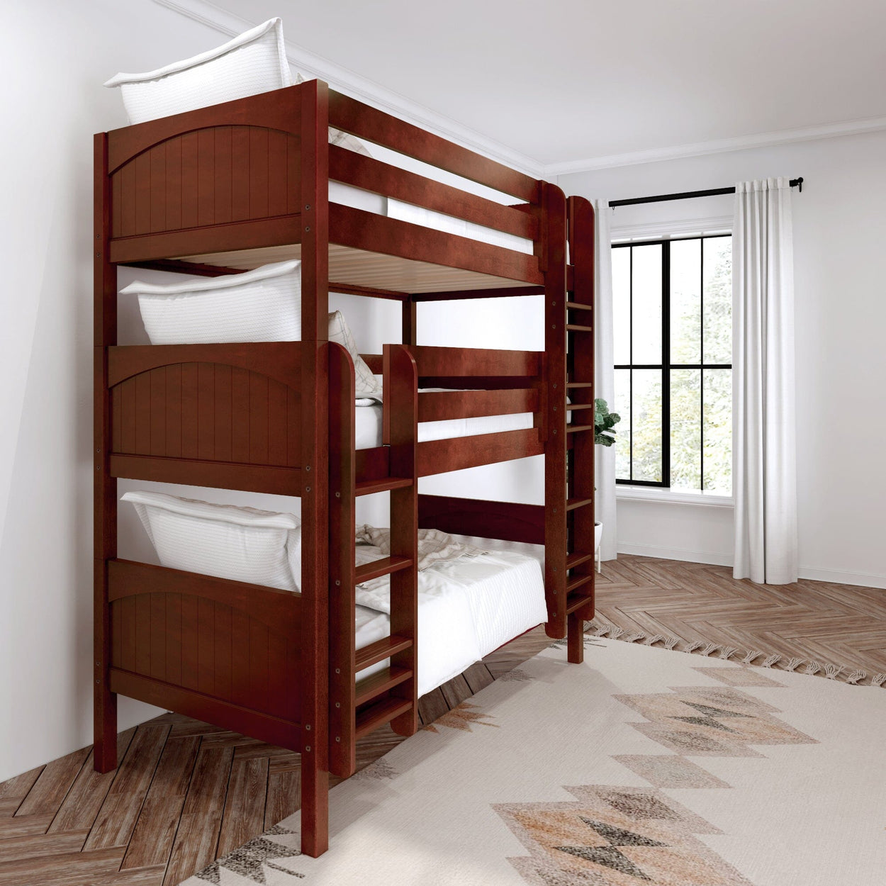 Triple wooden bunk bed with white bedding in a bright, modern bedroom.