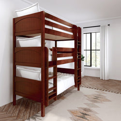Triple wooden bunk bed with white bedding in a bright, modern bedroom.