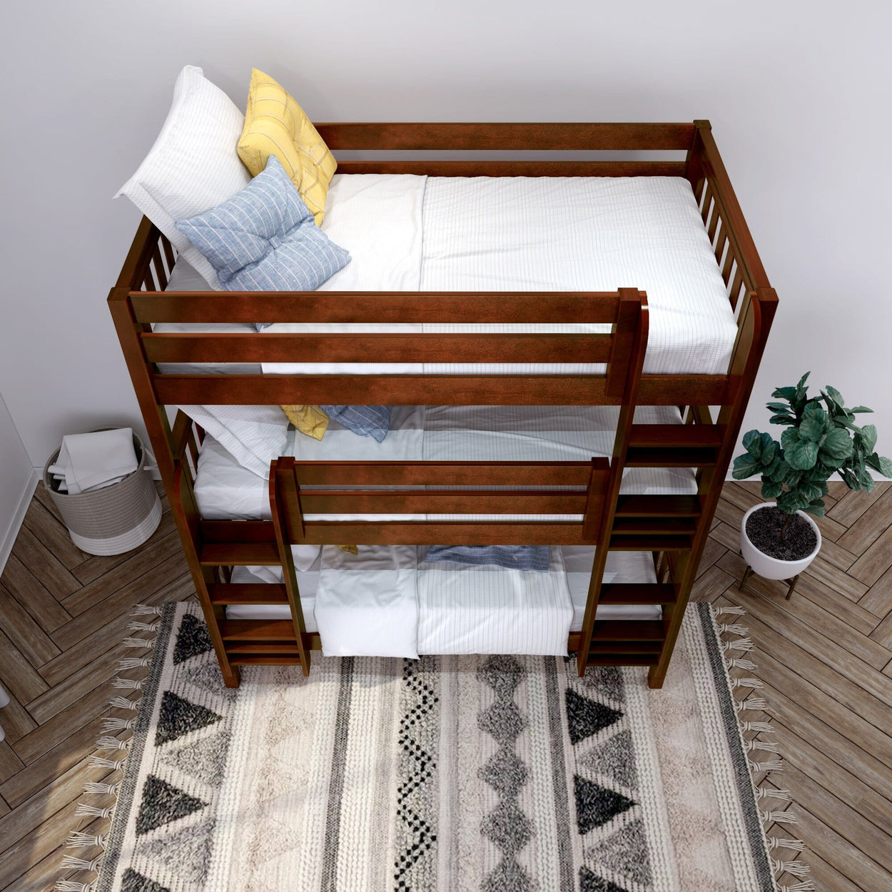 Wooden bunk bed with white bedding and decorative pillows in a modern bedroom with patterned rug and indoor plant.