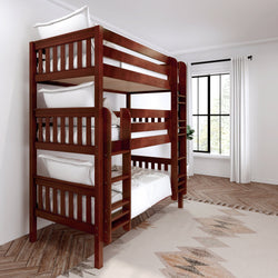 Triple bunk bed with wooden frame in a modern bedroom setting.