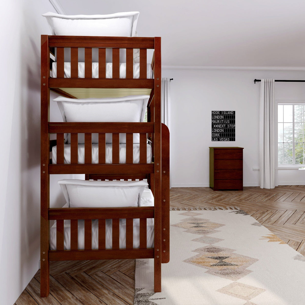 Triple bunk bed in modern bedroom with white bedding and wooden flooring.
