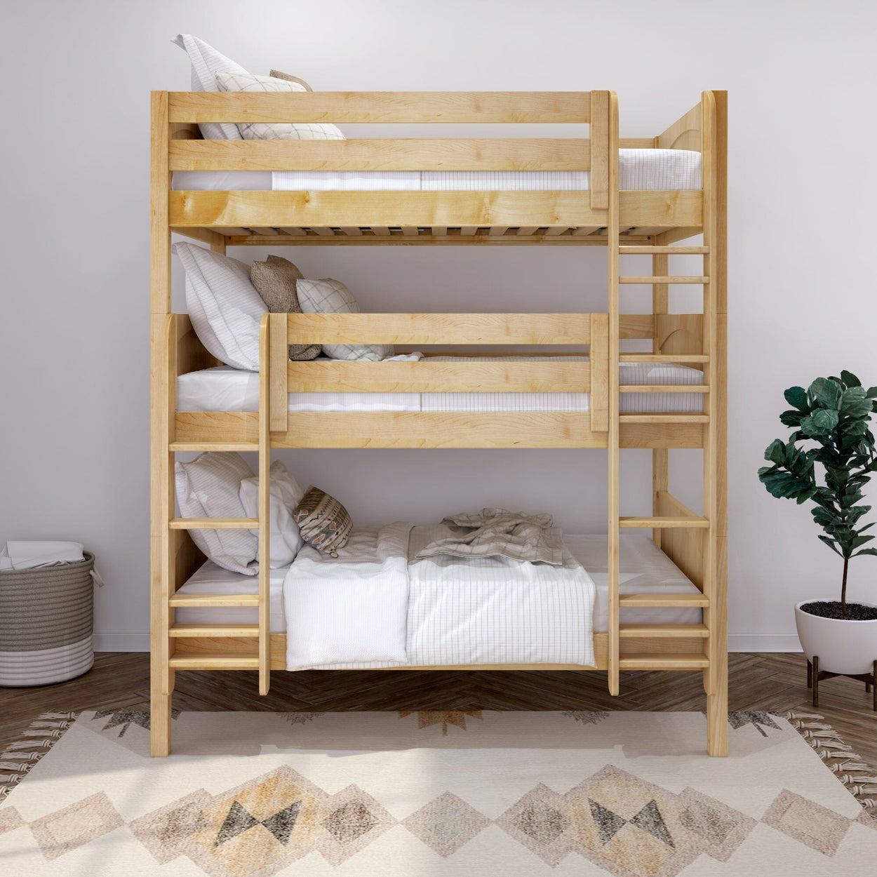 Three-tier wooden bunk bed with white bedding in a cozy room.
