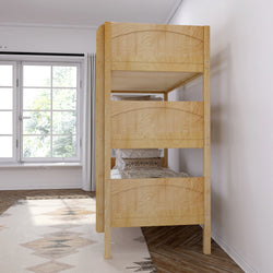 Wooden triple bunk bed in a bright, minimalist bedroom with large windows and geometric carpet.