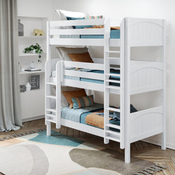White wooden bunk bed with blue and orange bedding in a modern bedroom with a patterned rug and decorative shelving.