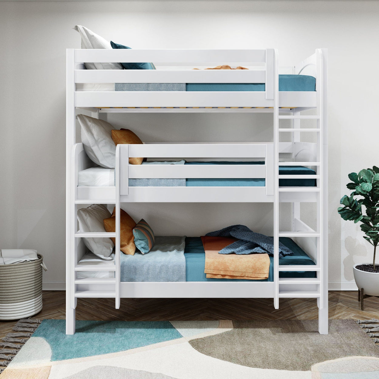 White wooden triple bunk bed with teal and orange bedding in a modern bedroom setup.
