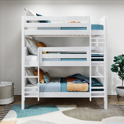 White wooden triple bunk bed with teal and orange bedding in a modern bedroom setup.