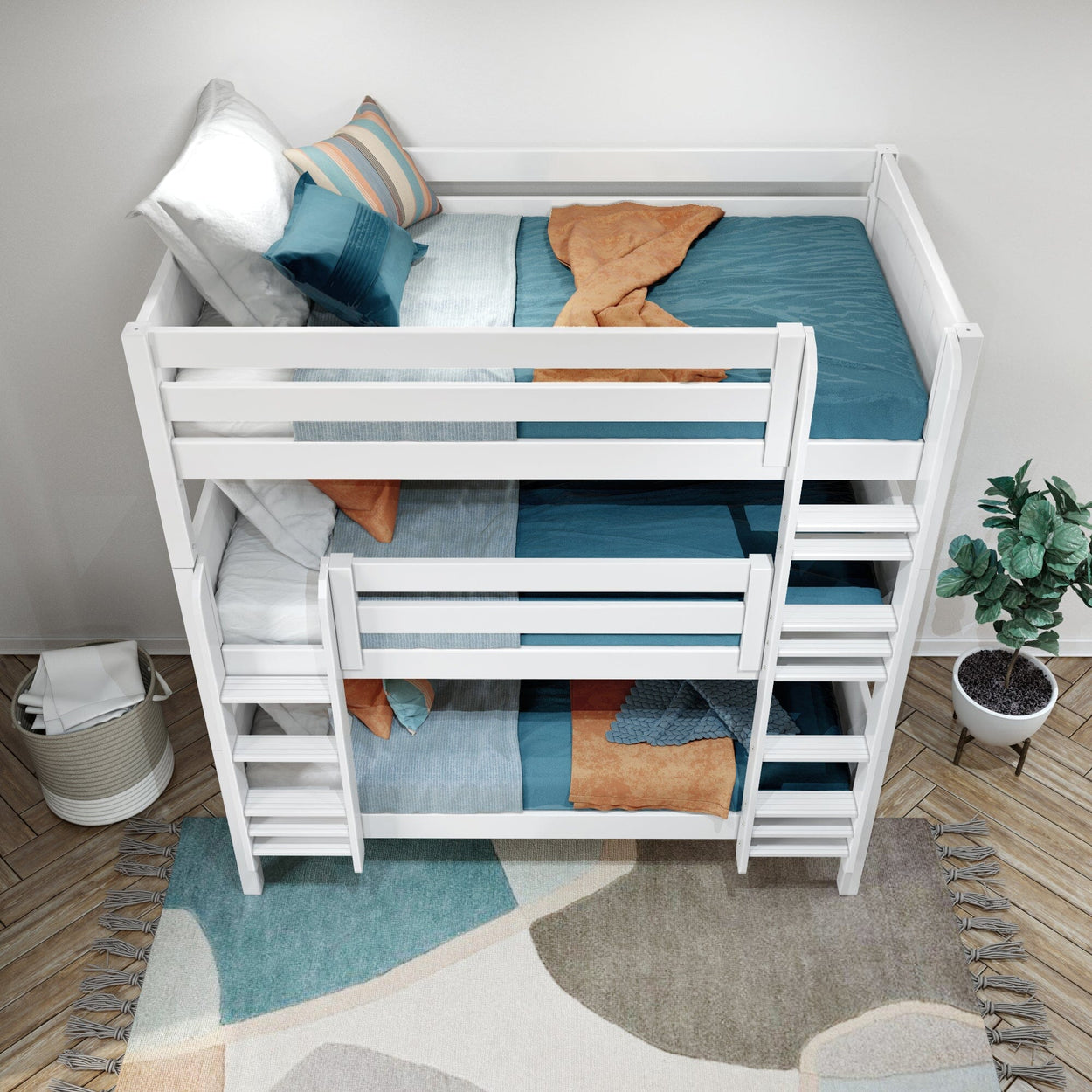 White wooden bunk bed with teal and orange bedding in modern bedroom with hardwood floor and decorative plant.