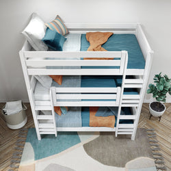 White wooden bunk bed with teal and orange bedding in modern bedroom with hardwood floor and decorative plant.