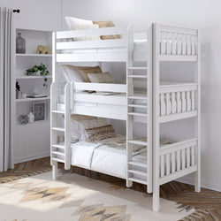 White triple bunk bed with modern design in a cozy bedroom setting, featuring wooden floors and decorative pillows.