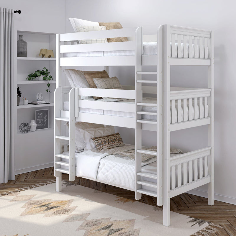 White wooden three-tier bunk bed with ladder and neutral bedding in modern kids' bedroom