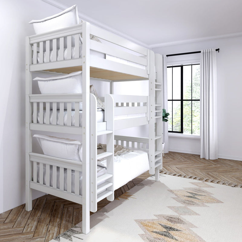White triple bunk bed with ladder and white bedding in a bright modern kids' bedroom with window, curtains and herringbone wood floor