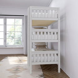 Modern white triple bunk bed in a bright bedroom with large window and geometric rug.