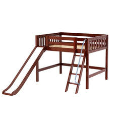 Wooden loft bed with ladder and slide for children's bedroom.