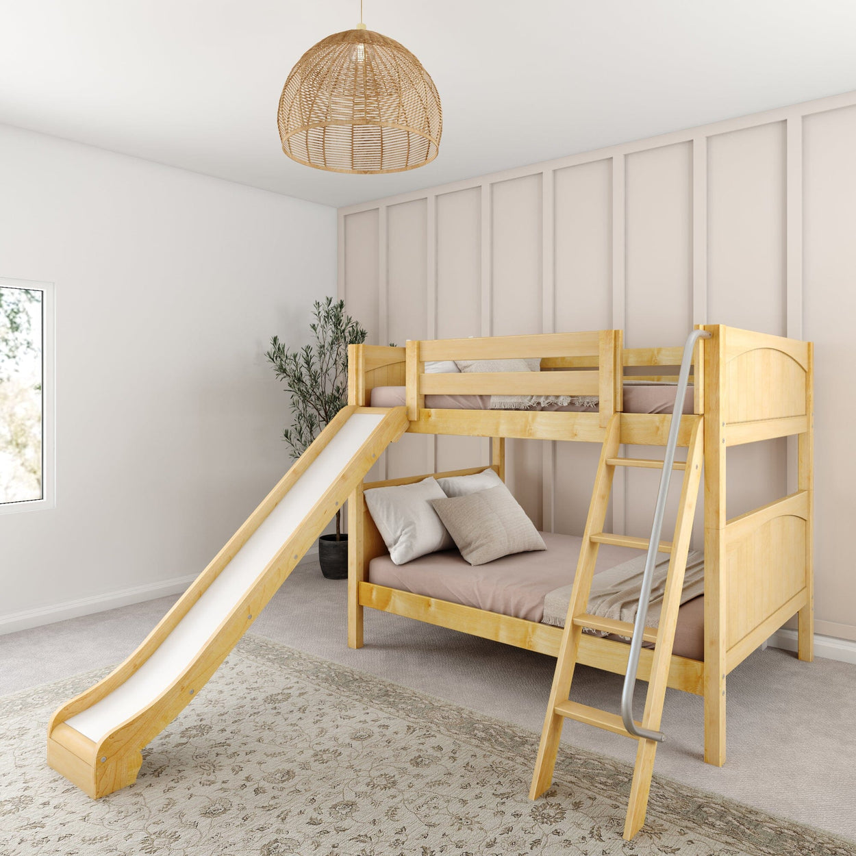 Children's wooden bunk bed with slide in modern bedroom setting.