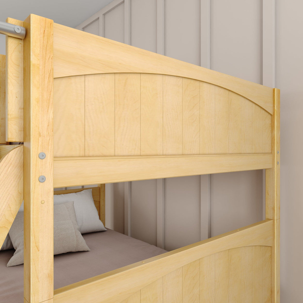 Wooden bunk bed with natural finish in a cozy bedroom setting.