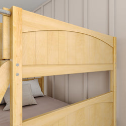 Wooden bunk bed with natural finish in a cozy bedroom setting.