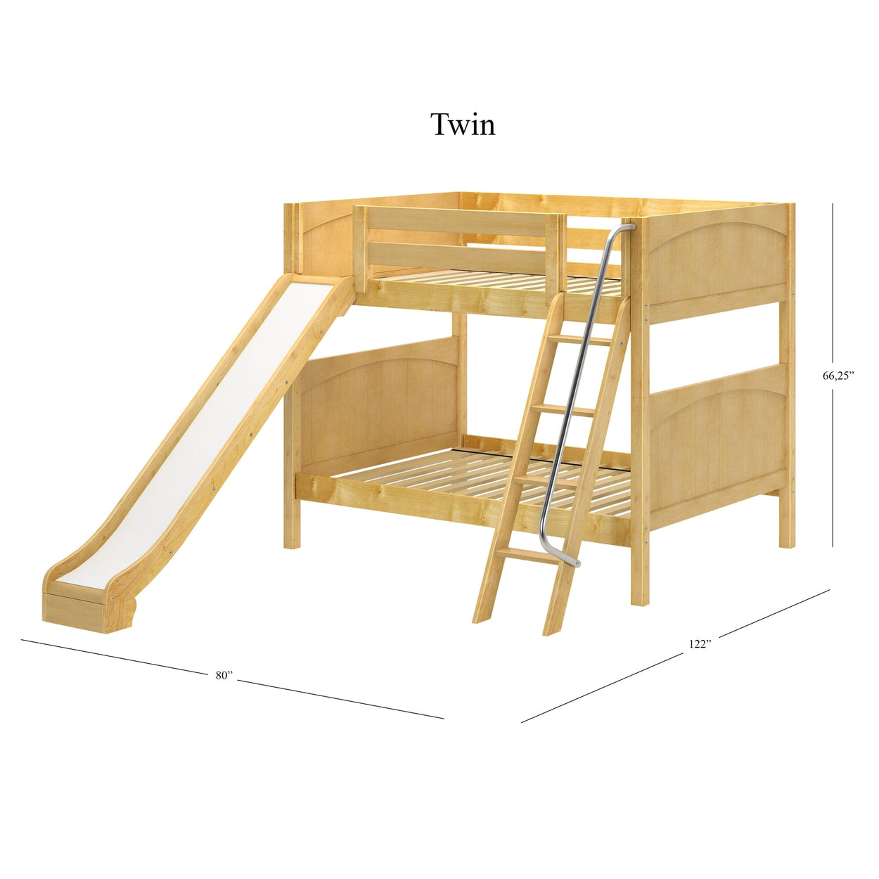 Twin wooden bunk bed with slide and ladder, dimensions 80x122 inches.