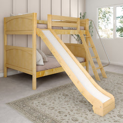 Wooden bunk bed with slide and ladder in a bright child-friendly bedroom.