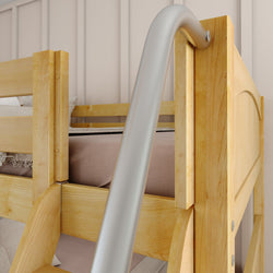 Wooden bunk bed with metal slide in a modern bedroom setting.