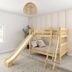 Wooden bunk bed with slide and ladder in stylish modern kids' room.