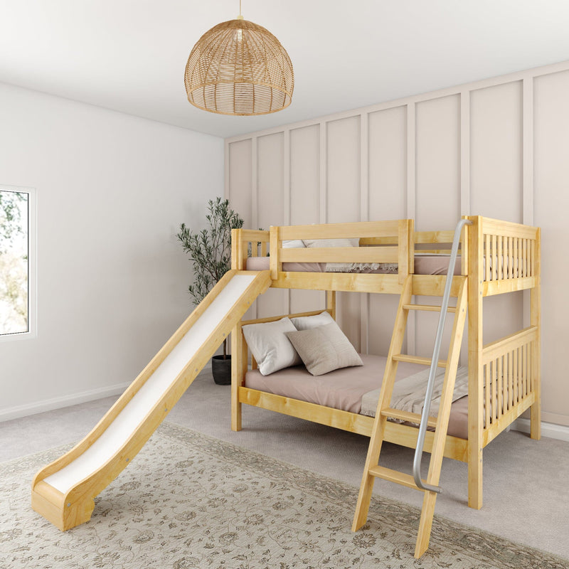 Wooden bunk bed with slide in neutral children's bedroom featuring boho rattan pendant light and cozy beige bedding