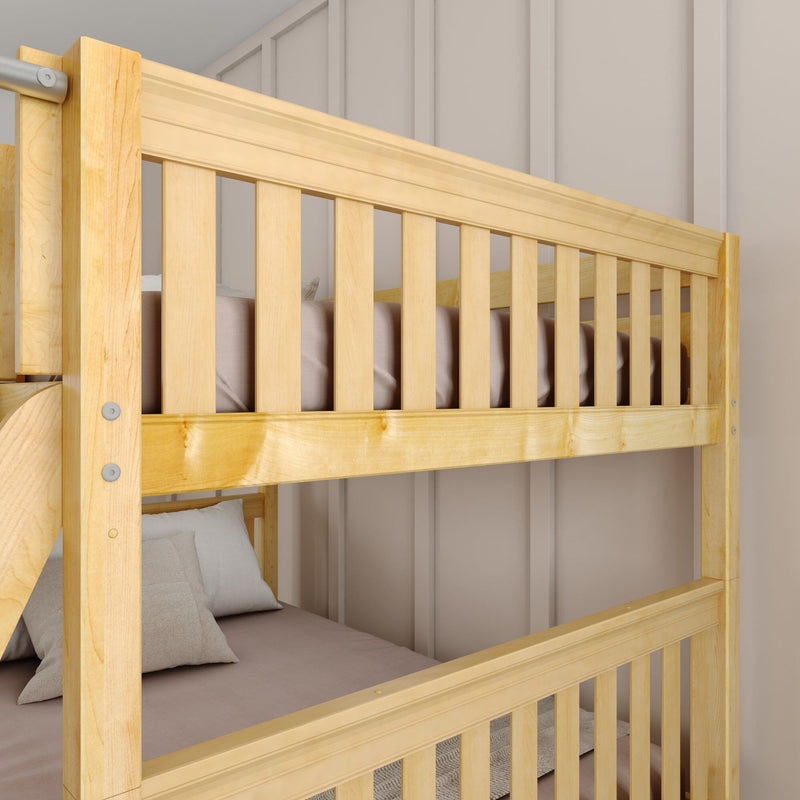 Close-up of natural pine solid wood bunk bed with vertical slats, safety rails and neutral bedding in a modern farmhouse bedroom