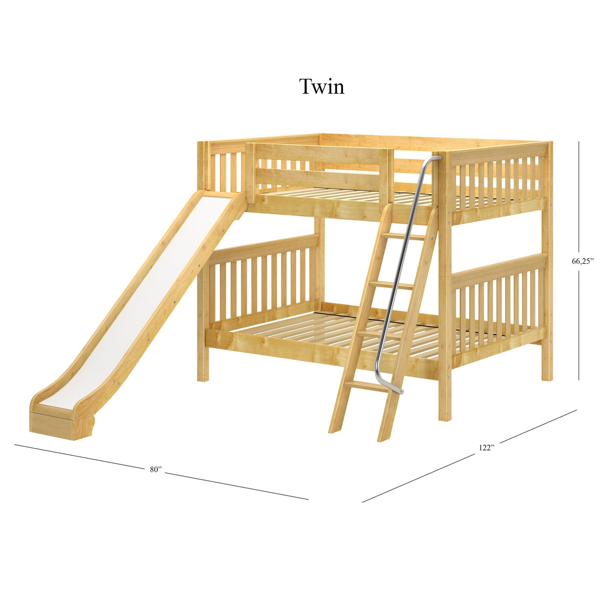 Twin wooden bunk bed with slide and ladder, dimensions 80x66.25x122 inches, perfect for kids' bedroom furniture.