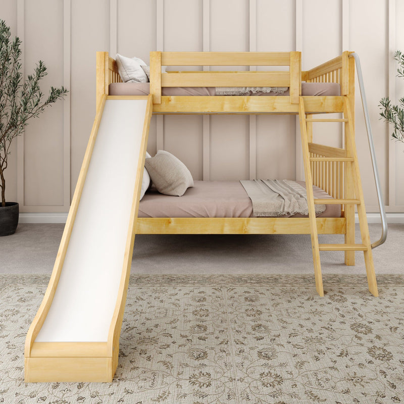 Natural wood loft bunk bed with slide and ladder in a neutral children's bedroom, beige bedding and cozy modern farmhouse decor