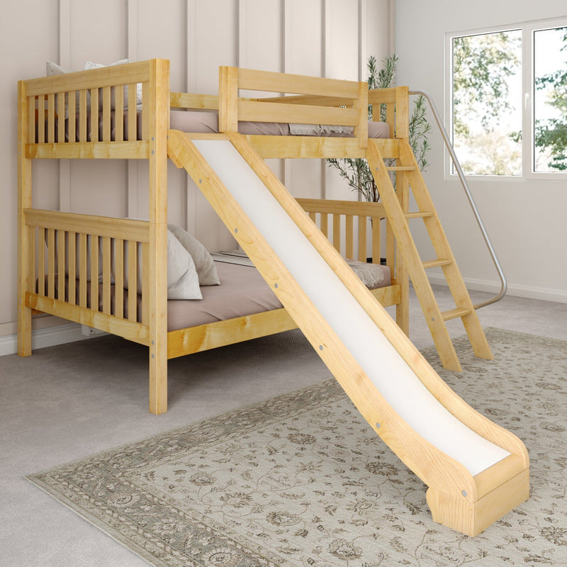 Natural pine loft bunk bed with slide and ladder in a neutral modern kids' bedroom with rug and window