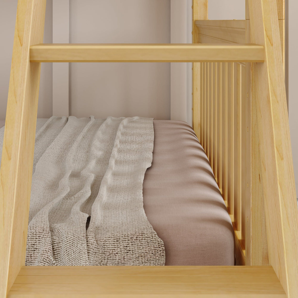 Wooden bunk bed with beige mattress and textured blanket, ideal for small space interior design.